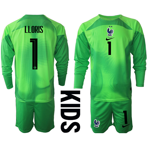Frankrike Hugo Lloris #1 Målvakt Replika babykläder Bortaställ Barn VM 2022 Långärmad (+ korta byxor)